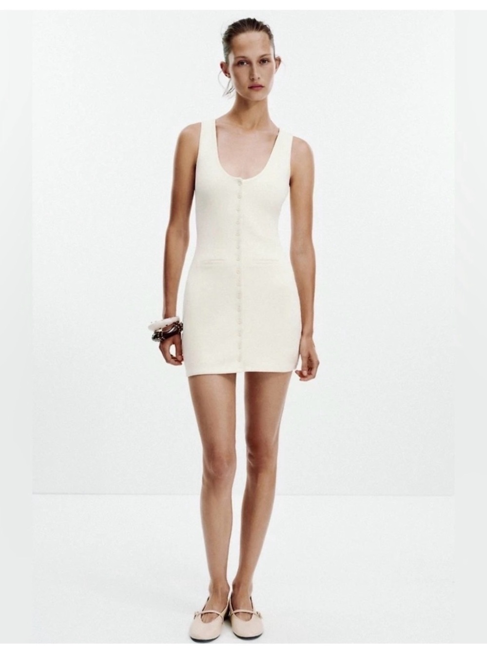 Zara White Sleeveless Button-Front Mini Dress